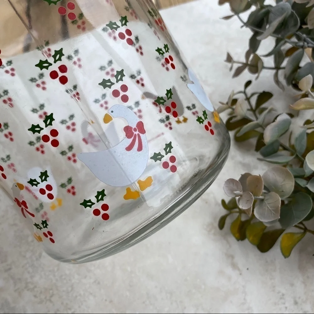 Vintage Christmas holly duck glass canister w lid